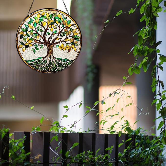 Tree of Life Stained Glass Window Hanging World Tree Sun Catcher Gifts for Women Handmade Suncatchers Decoration for Garden Home Windows Hanging Protection Charm, 7.87inch