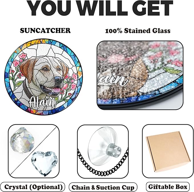 VINATIMES Personalized Pet Stained Glass Window Hanging, Pet Portrait Stained Glass Memorial, Dog Loss Sympathy Gift, Pet Remembrance Gift Dog, Cats Remembrance Gifts, Cat Loss Sympathy Gifts