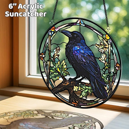 2 Halloween Raven Skull Acrylic Window Hanging 6" Ornaments, Art Gothic Decor for Home, Indoor, Garden, Housewarming, Gift for Mom, Grandma, Women, Friend SCB-A6-GT1