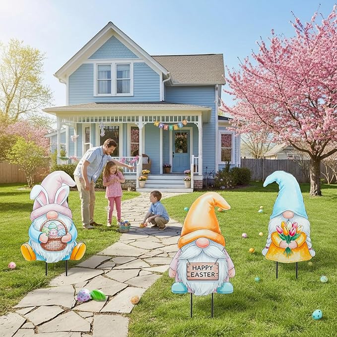DoubleFill 3 Pcs Easter Decorations Outdoor 3D Metal Easter Eggs Tulip Yard Signs Decorative Garden Stakes Eggs Bunny Gnome Lawn Decorations Yard Decor for Spring Lawn Pathway Garden(Gnome Style)