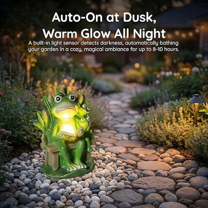 Solar Frog Garden Statue Light - Outdoor Waterproof Resin Frog Figurine with Auto Glow for Patio, Yard, Lawn Decor