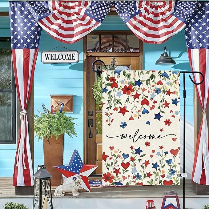 Baccessor Patriotic 4th of July Garden Flag 12.5 x 18 Inch Double Sided Burlap,Memorial Day Welcome American Red and Blue Flower Flag Summer Yard Lawn Holiday Seasonal Outdoor Outside Decoration