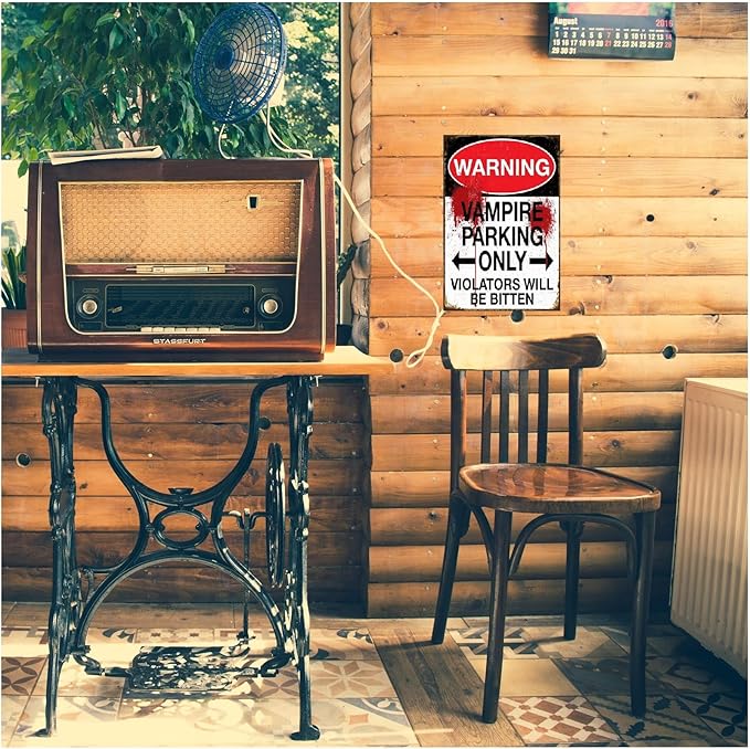Funny No Parking Sign, Metal Warning Tin Signs, Vampire Parking Only, Violators Will be Bitten, Yard Sign Garage Farm Garden Wall Decor Sign Plaque Outdoor for Home Fence 8 X 12 Inches