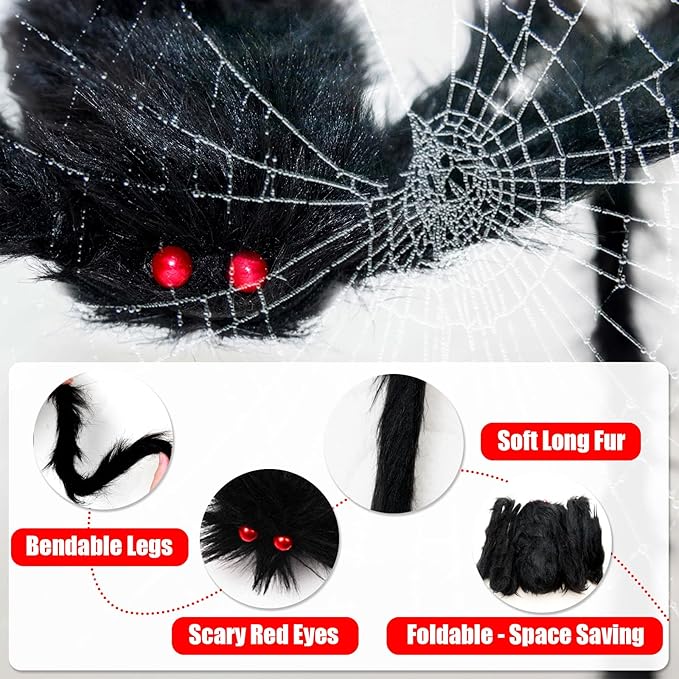 6.6FT Halloween Giant Spider Decorations, Scary Large Spiders Outside Realistic Fake Hairy Spider Props for Halloween Decorations Indoor and Outdoor Yard Party Garden Lawn Creepy Decor (1 Pack)