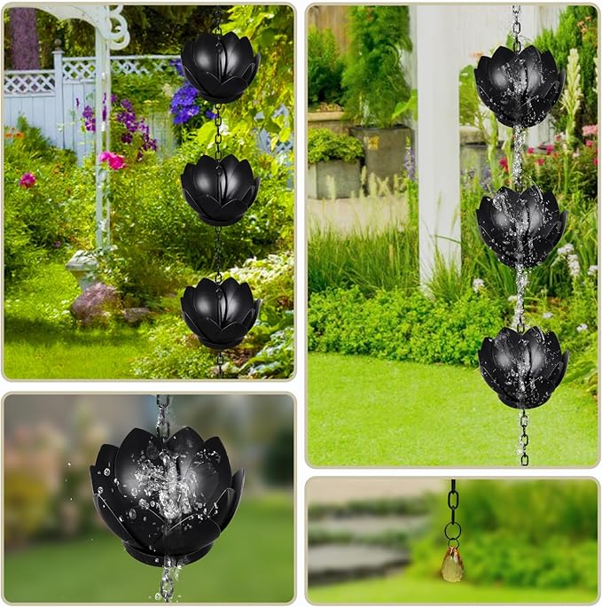 4.2ft Rain Chains for Downspout, Metal Lotus Rain Chain 5 Lotus Rain Chain Cups, Adjustable Rain Catcher Chain for Eaves Drainage, Replacement for Downspout, Gardens Patios & Home Decor