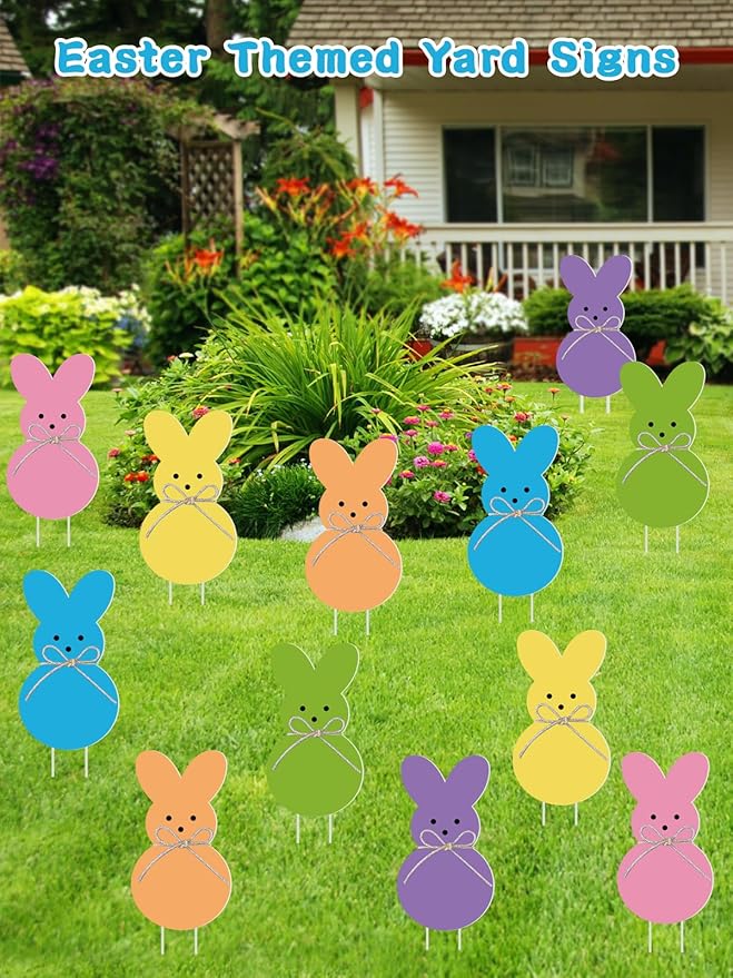 12 PCS Easter Yard Signs Outdoor Decorations Pastel Easter Bunny shaped Yard Signs with Stakes Cute Colorful Bunny Yard Decorations for Garden Lawn Home Party Supplies (12 PCS Peeps)