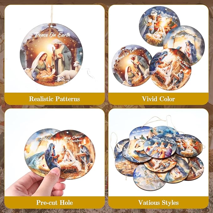Soaoo 60 Pcs Nativity Scene Christmas Tree Ornament Christian Religious Ornaments Bulk Round Nativity Xmas Tree Hanging Wooden Decorations for Garden Yard Outdoor Home (Novel Style)