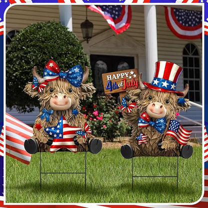 Amyhill 2 Pcs 4th of July Metal Outdoor Decor Garden Stakes Patriotic Highland Cow Welcome Yard Signs Decorations Red White Blue Garden Stakes for Independence Memorial Day Patio Lawn Walkway Outside