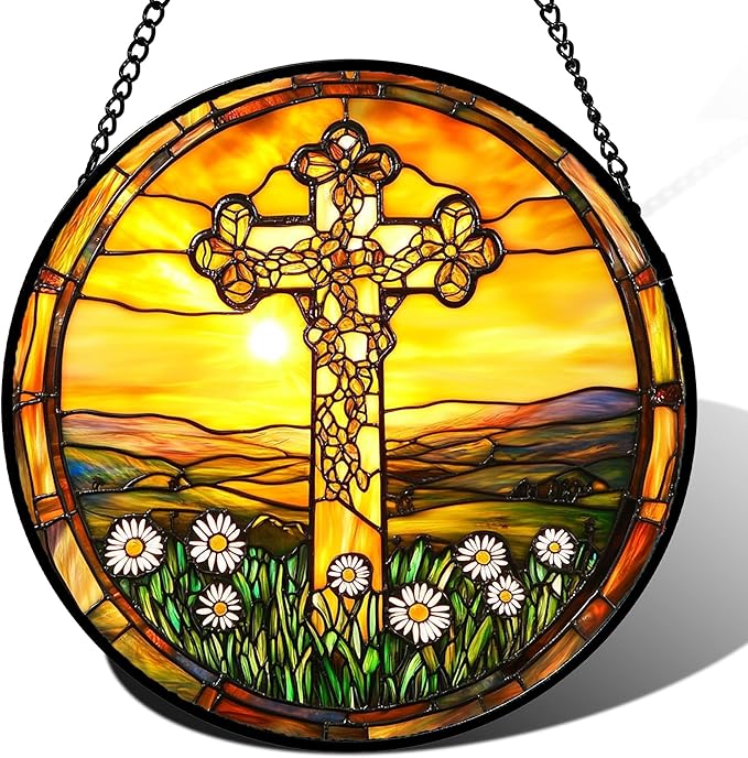 DASTOLL Christian Gifts for Women - Cross Stained Glass Window Hanging Easter Golden Sun Sunset Flower Sun Catcher Garden Religion Decor Mother's Day Catholic Gift for Men Grandma Nana Her 15"