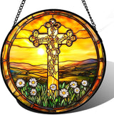 DASTOLL Christian Gifts for Women - Cross Stained Glass Window Hanging Easter Golden Sun Sunset Flower Sun Catcher Garden Religion Decor Mother's Day Catholic Gift for Men Grandma Nana Her 11.8"