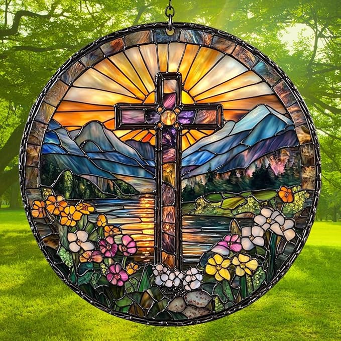 Floral Cross Acrylic Suncatcher Stained Glass Effect Window Car Hanging Christmas Ornament Indoor Outdoor Decor Garden Memorial Sun Catcher for Family Christmas Jesus Gift for Women Mom Grandma