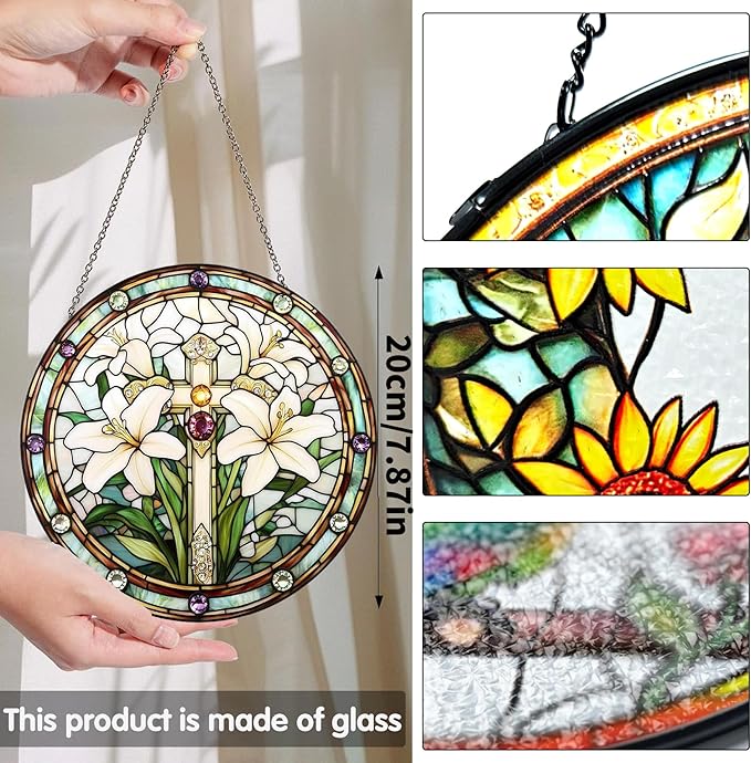 Bimkole Lily Stained Glass Suncatcher Window Hanging - Cross Indoor Window or Doorway Decoration - Handmade Sun Catcher Decor for Garden Home Christmas & Birthday Gifts 7.87x7.87 inch