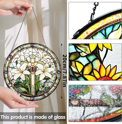 Bimkole Lily Stained Glass Suncatcher Window Hanging - Cross Indoor Window or Doorway Decoration - Handmade Sun Catcher Decor for Garden Home Christmas & Birthday Gifts 7.87x7.87 inch