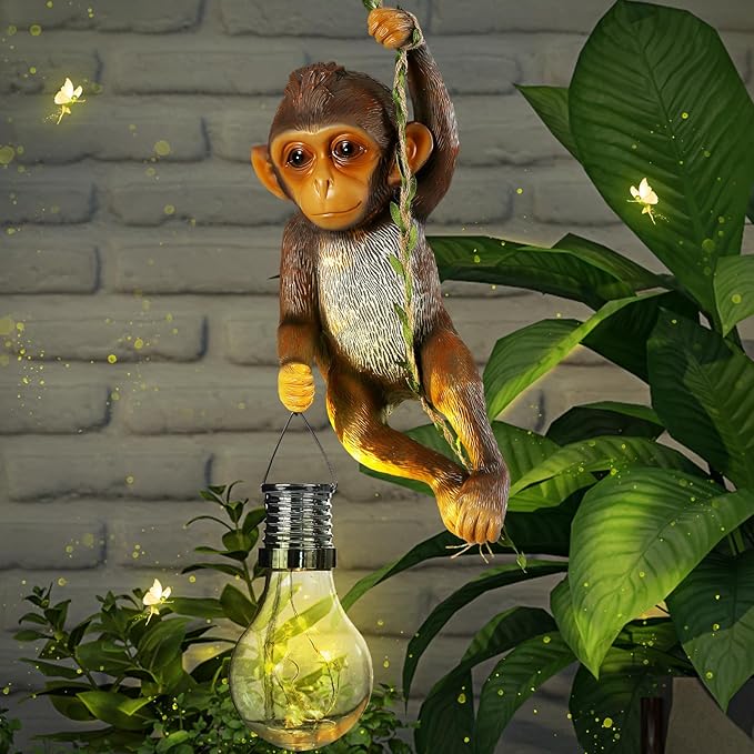 Solar Powered Outdoor Monkey Statue Gift 7.48''H Resin Waterproof Solar Monkey Hanging Figurine Lantern Chimpanzee Baby Monkeys Climbing 19.68" Vine with Hook for Yard Garden Wall Tree Decoration Gift