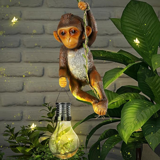 Solar Powered Outdoor Monkey Statue Gift 7.48''H Resin Waterproof Solar Monkey Hanging Figurine Lantern Chimpanzee Baby Monkeys Climbing 19.68" Vine with Hook for Yard Garden Wall Tree Decoration Gift
