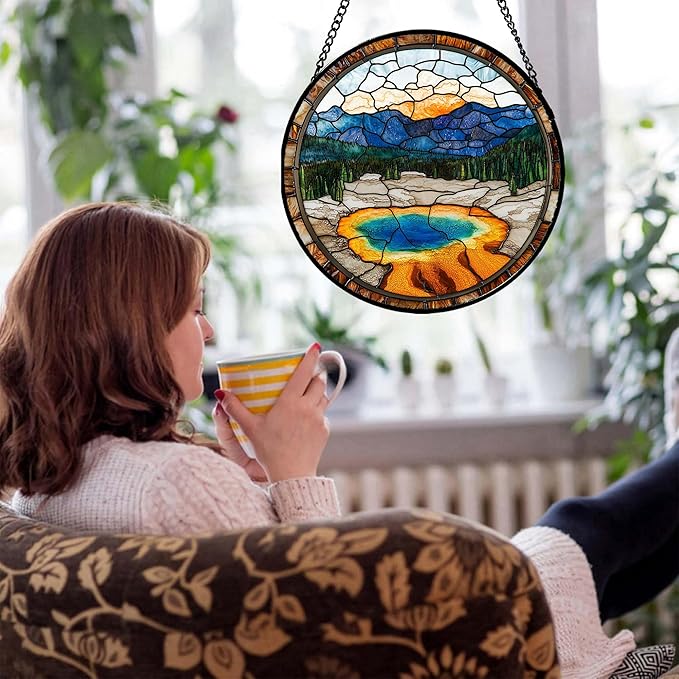 Stained Glass Window Hanging - Abstract Lake Landscape Suncatcher for Door Terrace Garden Home Decor Mountains Forests Sun Catcher Birthday Gifts for Lovers Women Men Dad Mom Nana 7.8 in