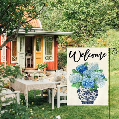 AVOIN colorlife Spring Hydrangea Floral Welcome Garden Flag 12x18 Inch Double Sided Outside, Blue and White Chinoiserie Seasonal Yard Outdoor Flag