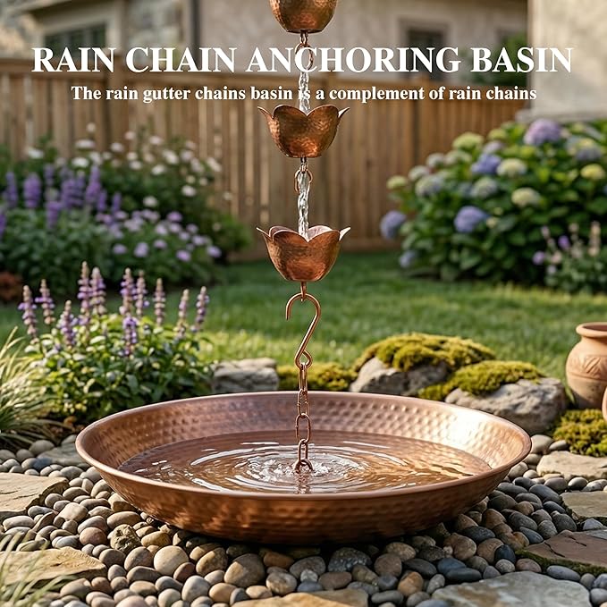 Rain Chain Basin, Anchoring Basin for Rain Chain, Metal Bowl for Rain Chain Downspout Gutters, Rain Basin for Outdoor Garden, Lawn & Patio Water Feature, 11 Inches Diameter, Gold