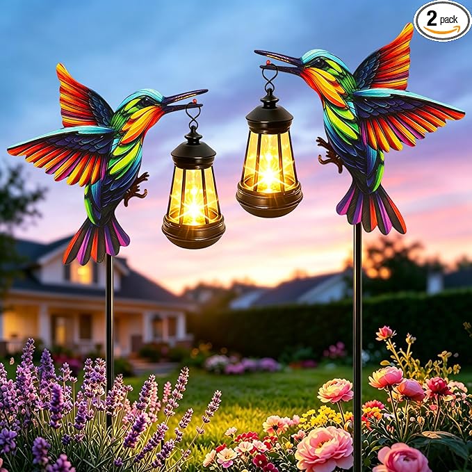 2 Pack Solar Lights Outdoor Waterproof Hummingbird Decorative, 31in Metal Hummingbird Garden Stakes with Solar Lanterns for Yard Art Outside Patio Porch Lawn, Gifts for Women Mom Grandma Mother's Day
