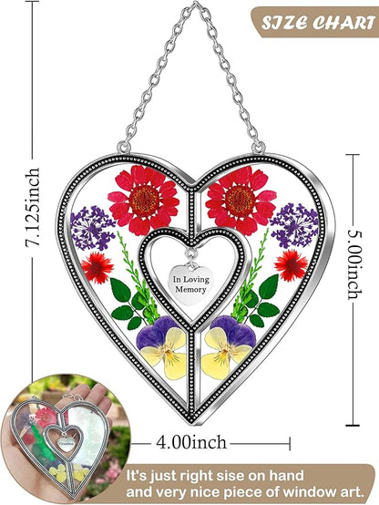 KY&BOSAM Heart Suncatcher Stained Glass Suncatchers in Loving Memory Memorial for Loss of Loved One Unique Sympathy Gift Real Pressed Dried Flower Bereavement Grief for Loss of Mom Grandma Decor