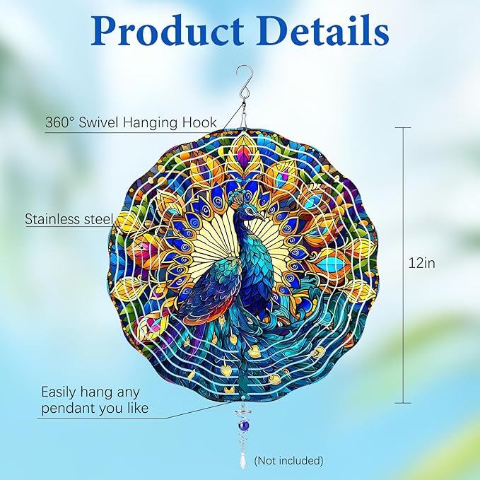 Wazzio Peacock Wind Spinners Outdoor, Peacock Gifts for Women Wife Mom Grandma, Hanging Wind Spinners for Christmas Thanksgiving, 12 inch Outdoor Indoor Hanging Ornament for Garden Porch Backyard