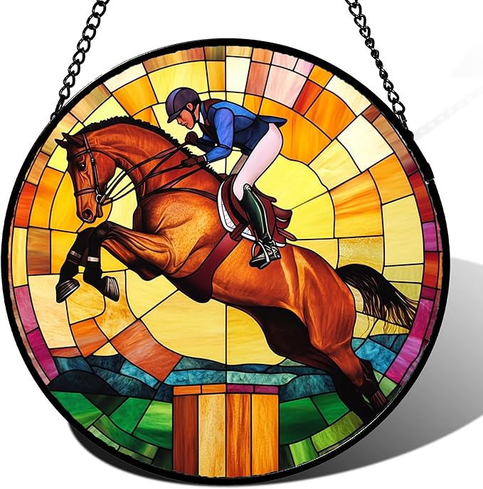 DASTOLL Stained Glass Window Hanging Equestrian Sports Large 15" - Horse Suncatcher Door Garden Sunroom Sun Catcher Home Decor Birthday Christmas for Mom Men Woman Nana