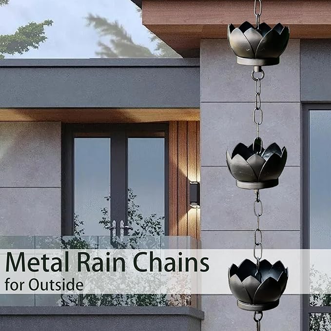 Topadorn Lotus Rain Chain for Gutters, Functional and Decorative Replacement for Gutter Downspouts, Adjustable Rain Catcher Chain with 8 Cup for Eaves Drainage, Black