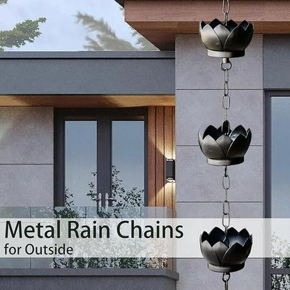 Topadorn Lotus Rain Chain for Gutters, Functional and Decorative Replacement for Gutter Downspouts, Adjustable Rain Catcher Chain with 8 Cup for Eaves Drainage, Black