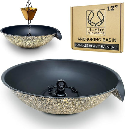 U-nitt 12" Spill Bowl Downspout Catch Basin for Rain Chain Anchoring & Stake | Rainwater Collection for Roof |Gutter Catch Basin | Good for Water Fountain & Birdbath | Black | Handles Heavy Rain