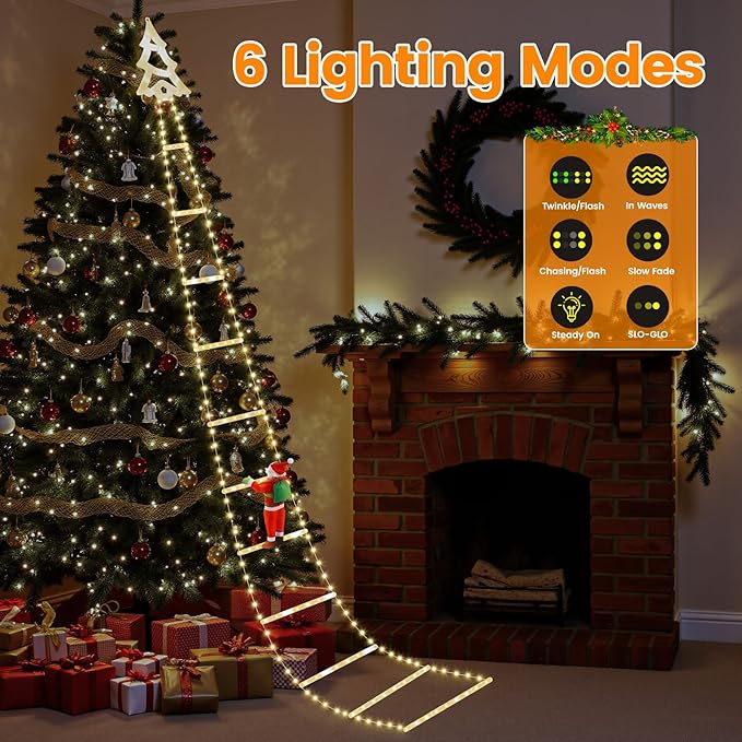 Christmas Ladder Lights with Santa Claus, 248 LED Rope Ladder Light, 8 Lighting Modes & 6H Timer, Waterproof Xmas Decorations Light for Indoor Outdoor, Yard, Porch, Wall, Christmas Tree Decor
