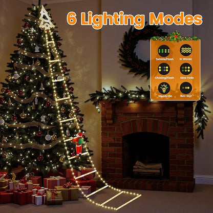 Christmas Ladder Lights with Santa Claus, 248 LED Rope Ladder Light, 8 Lighting Modes & 6H Timer, Waterproof Xmas Decorations Light for Indoor Outdoor, Yard, Porch, Wall, Christmas Tree Decor