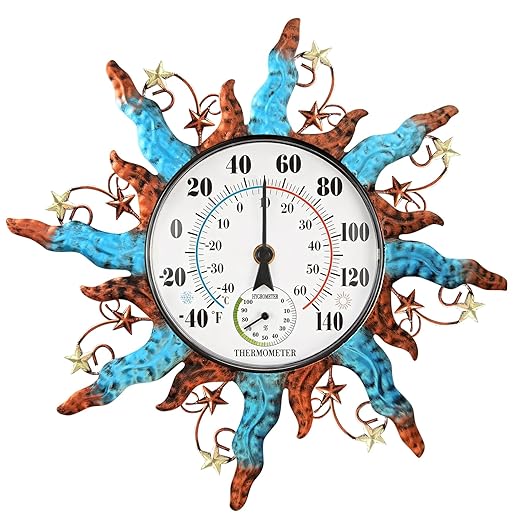 pealstar Waterproof Indoor Outdoor Thermometer 13 Inch Large Wall Thermometer with Hygrometer Decorative Metal Sun Outdoor Thermometers for Patio Garden Yard Living Room Decor