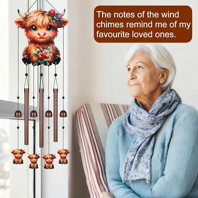 Gifts for Mom, Wind Chimes for Outside Perfect for Outdoor Gardens Patios Home Decor, Features Melodious Tones Create a Zen Atmosphere, Retirement Gifts for Women Men(Colorful Highland Cow