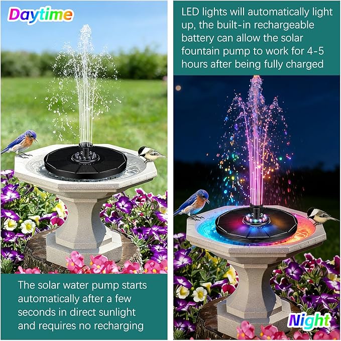 Jhua Solar Fountain for Bird Bath Pump with Led Lights Solar Powered Water Pump Kit with 8 Nozzles 200L/H Floating Water Fountain for Outdoor Garden Ponds Pool Fish Tank Aquarium