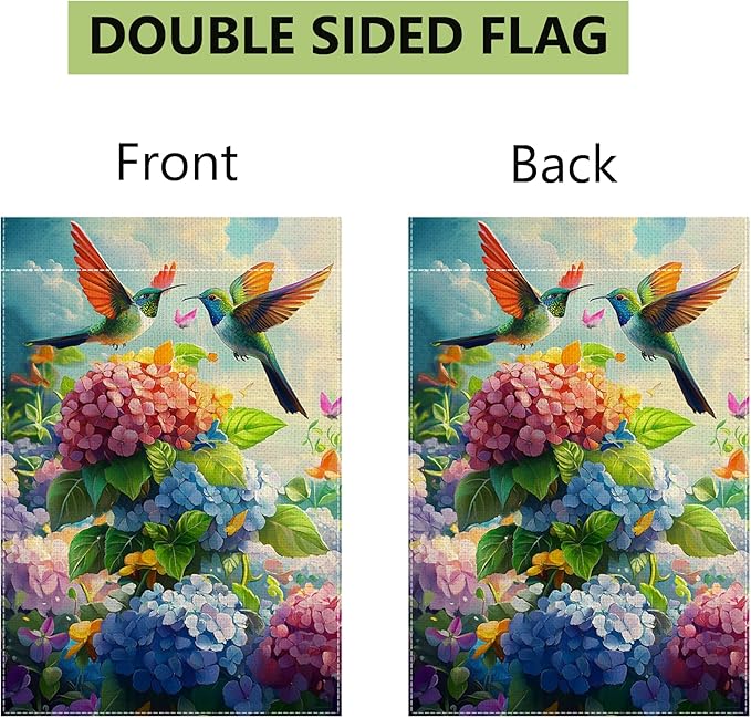 Hummingbirds Hydrangeas Garden Flag 12x18 Inch Double Sided Burlap, Spring Summer Welcome Colorful Floral Yard Decor, Farmhouse Outdoor Flag