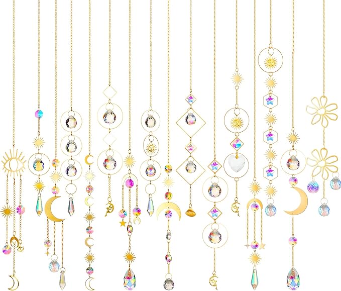 Ysleen 16 Pcs Crystals Suncatcher Colorful Hanging Sun Catcher for Window with Chain Pendant Ornament Prism for Garden Wedding Party Indoor Outdoor Decoration Gift(Rainbow)