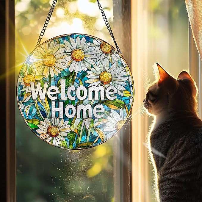 VAIIEYO Welcome Sun Catcher Stained Glass Window Hanging Ornament, Handmade Sun Catcher Flower Decoration with Hooks for Window Garden Home, Christmas & Birthday Housewarming Gift (7.8 inch)