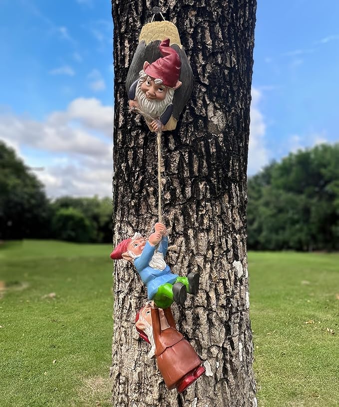 Teaeeno Garden Gnome Statue Set,Gnome Climbing Tree and Tree Stump Decor,Vivid Fairy Gnome Outdoor Sculpture,Whimsical Gnomes Miniature Figurines,Micro Gnome Landscape Figurine for Lawn Balcony Patio