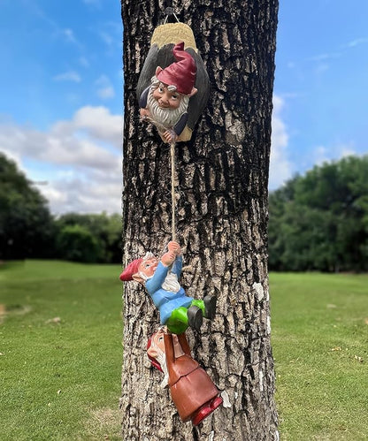 Teaeeno Garden Gnome Statue Set,Gnome Climbing Tree and Tree Stump Decor,Vivid Fairy Gnome Outdoor Sculpture,Whimsical Gnomes Miniature Figurines,Micro Gnome Landscape Figurine for Lawn Balcony Patio