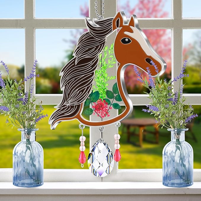 KY&BOSAM Suncatcher Horse Head Stained Glass Crystal Hand-Painted Suncatchers Ornament hangings Wind Chime with Pressed Flower Horse Embedded in Glass Window Mother`s Day Birthdays…