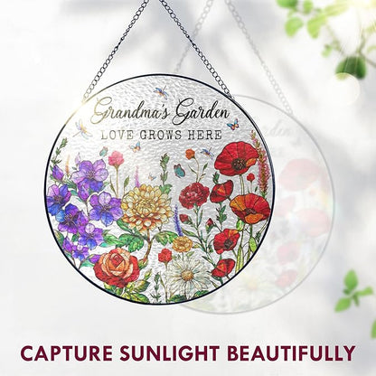 FLAGWIX Grandma Birthday Gifts - Grandmas Garden Stained Glass Window Hanging with Base 10 in - Birthday Gift for Grandma, Grandparents Day Gifts for Nana Gigi, Sun Catchers Indoor Window
