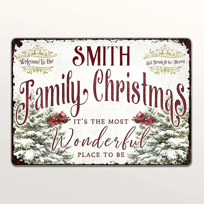 Welcome to The Family Christmas Metal Sign, Personalized Family Metal Sign, Customized Christmas Garden Signs for Families, Families Outdoor Signs on Xmas, Holiday Xmas Gifts