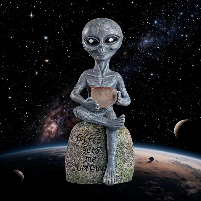 Solar Powered Alien Garden Statue with Coffee Cup, Funny Outdoor Decor, 11.6 x 5.1 x 4.5 inches