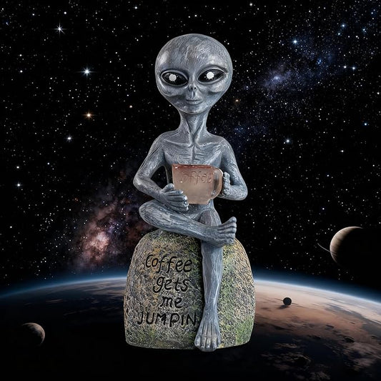 Solar Powered Alien Garden Statue with Coffee Cup, Funny Outdoor Decor, 11.6 x 5.1 x 4.5 inches