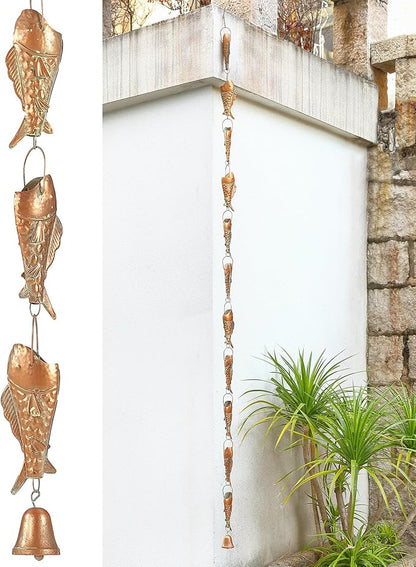 Copper Patina Rain Chain with Rainbow Trout for Heavy Rain, Functional and Decorative Replacement Downspout Chain for Outside, Rain Catcher Chain for Gutters, 8.5FT
