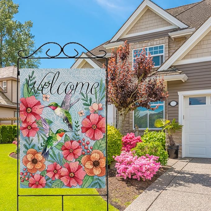 Hzppyz Welcome Spring Summer Decorative House Flag Hummingbird, Garden Yard Outdoor Big Burlap Bird Flag Flower Decor, Vintage Fall Autumn Farmhouse Seasonal Outside Decorations Double Sided 28 x 40