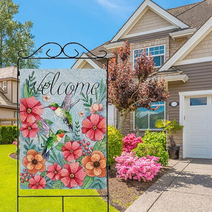 Hzppyz Welcome Spring Summer Decorative House Flag Hummingbird, Garden Yard Outdoor Big Burlap Bird Flag Flower Decor, Vintage Fall Autumn Farmhouse Seasonal Outside Decorations Double Sided 28 x 40