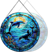 RIVEENY Dolphin Stained Glass Window Hangings,Dolphin Suncatchers for Windows Wall Hanging Christmas Decoration Ornament Housewarming Birthday Gift 20cm/7.87inch