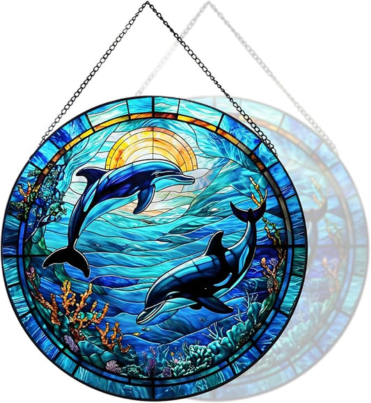 RIVEENY Dolphin Stained Glass Window Hangings,Dolphin Suncatchers for Windows Wall Hanging Christmas Decoration Ornament Housewarming Birthday Gift 20cm/7.87inch