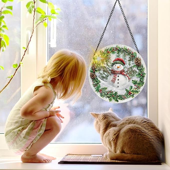 Bimkole Snowman Stained Glass Suncatcher Window Hanging - Christmas Indoor Window or Doorway Decoration - Handmade Sun Catcher Decor for Garden Home Christmas & Birthday Gifts 7.87x7.87 inch